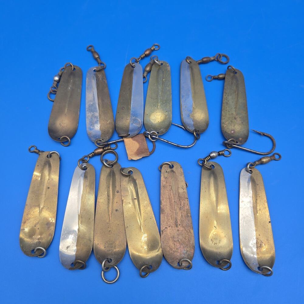 Vtg Diamond Co Trolling Spoon Lure Lot 26pc Brass Copper Size 4 5 6 7 1919 Pat - Picture 4 of 9